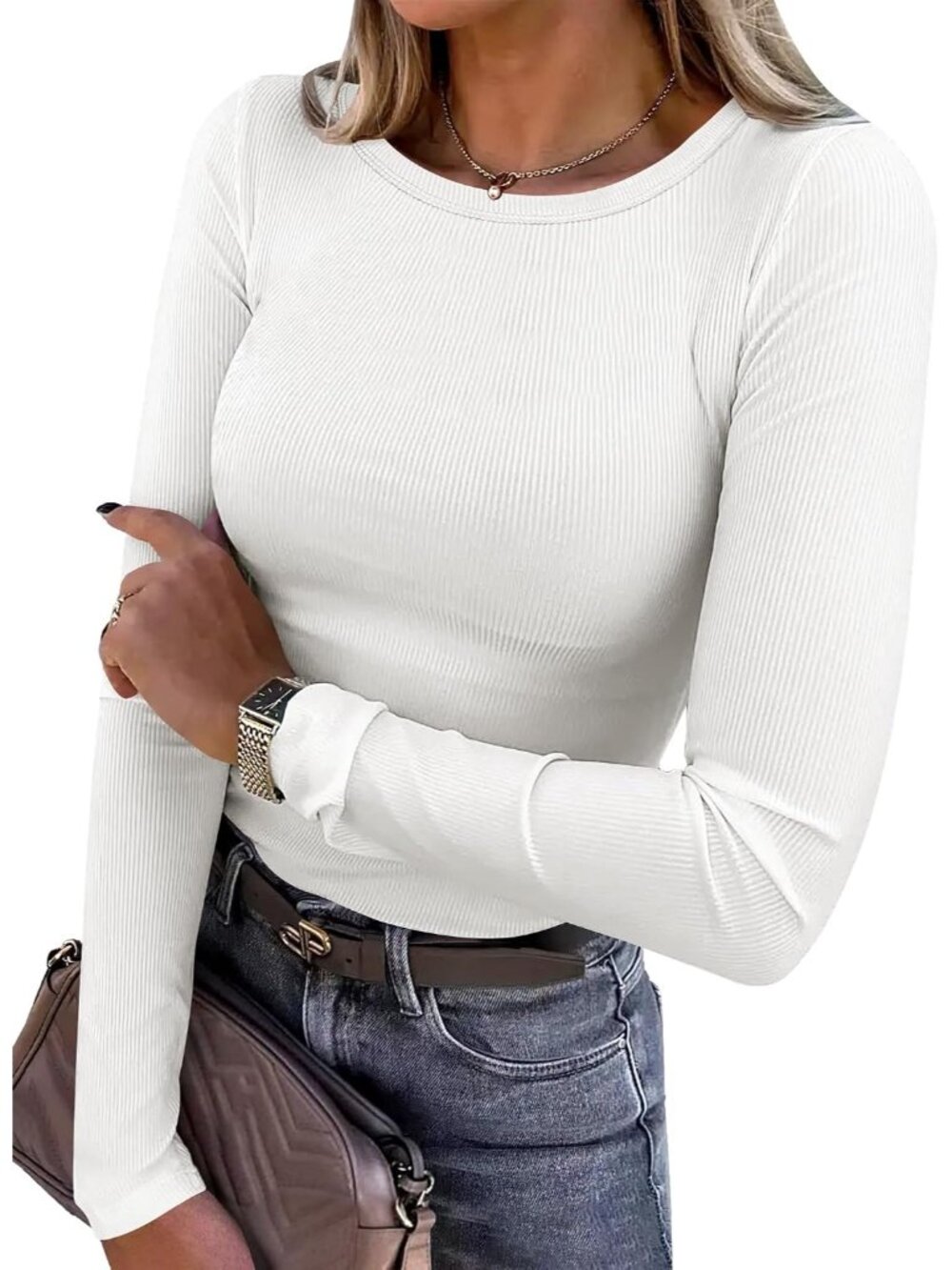 Women's White Ribbed Plain Hem Round Neck Long Sleeve Classic Slim Fit Tee Top
